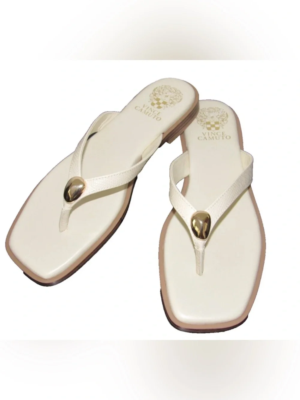 Vince Camuto Ivory Leather Thong Sandals with Gold Teardrop